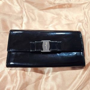 Authentic Salvatore Ferragamo Black Patent Leather Long Wallet